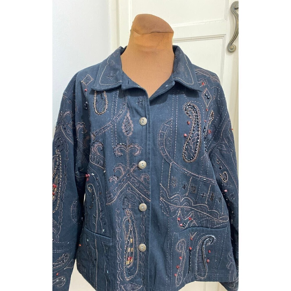 CHICOS Size 3 Camelot Black Roadster Jacket XL/16 Reg Size Beaded Embroidery - Picture 2 of 12